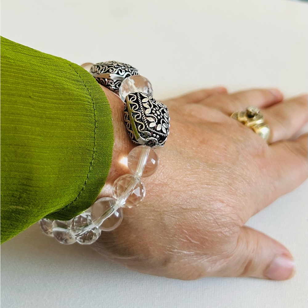 Elegant Clear Crystal Quartz Silver Tone and Clear Sine Beaded Bracelet